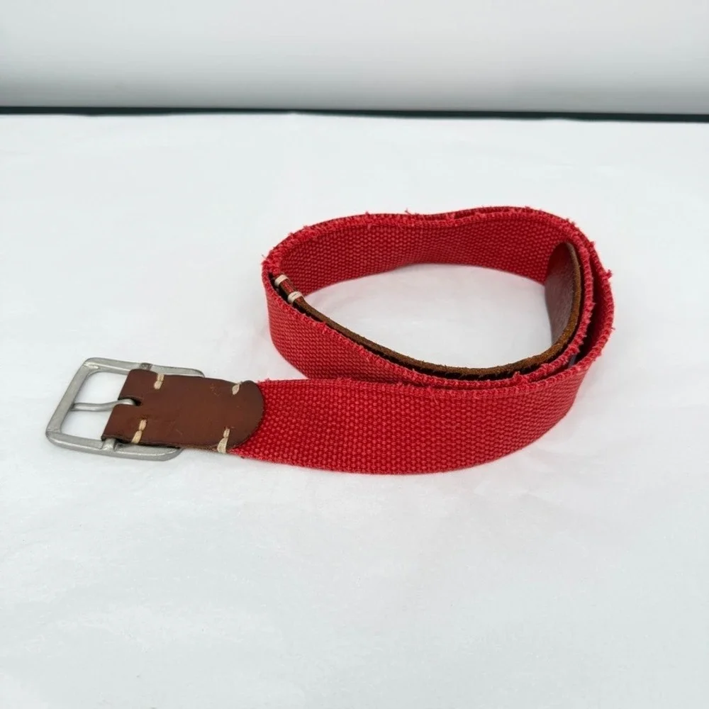 Express Belt Canvas Leather Trim Solid Brass Buckle Casual Mens Unisex Size 38*